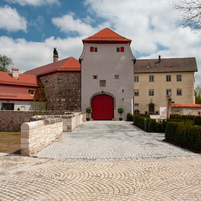 Stadt Schloss. In der Mitte eine helle Lilie mit rotem Tor. Neben dem Turm ist ein Steingebäude und daneben ein weiteres helllila Gebäude. 