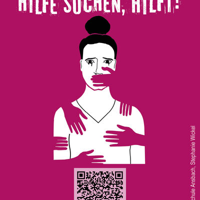 Pool der Hilfen - Hilfe suchen hilft! Ein pinkfarbenes Plakat mit einer weißen Frau, die mit pinkfarbenen Händen angefasst wird.