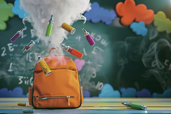 Bild vergr&ouml;&szlig;ern: Rucksack mit fliegenden Vapes in einer Rauchwolke.