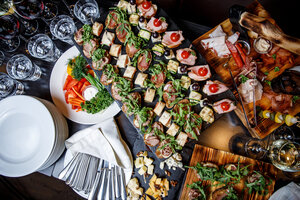 Beautifully decorated snacks on the banquet table before the holiday. Event Catering